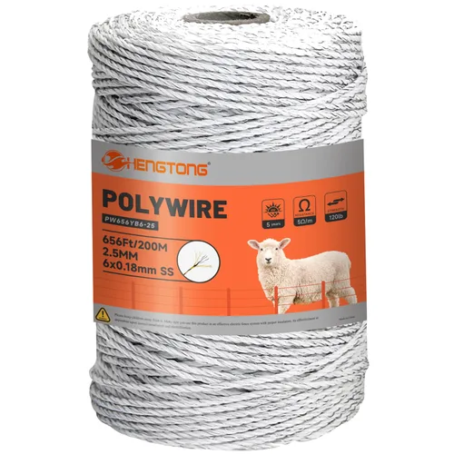 Alambre para valla eléctrica Polywire de 656 pies (200 m), conductores de acero inoxidable de 6 hebras, resistente a la oxidación y a los rayos UV,