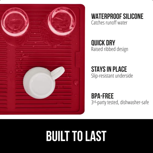 Miniatura 2 de GORILLA GRIP Tapete de secado de platos de silicona patentado 100% sin BPA para encimera de cocina, diseño acanalado para atrapar agua, fácil de Rojo