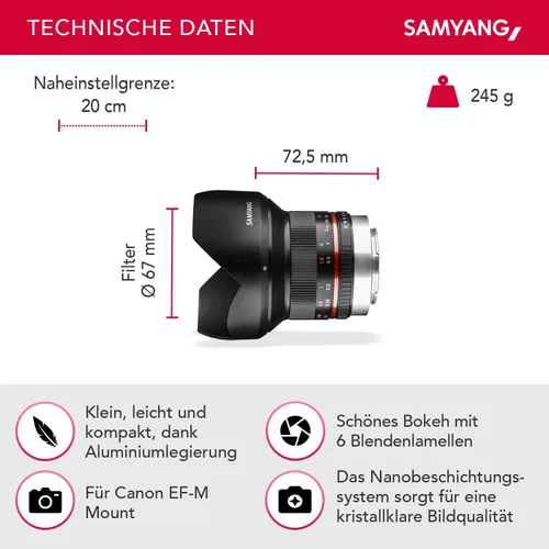 Miniatura 2 de Samyang 1220502101 Lente de enfoque manual F2.0 de 0.472 in para Canon M - Negro