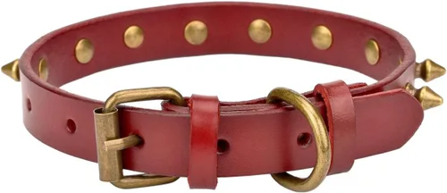 Miniatura 2 de Collar de cuero vacuno genuino ajustable para gatos y cachorros de perro, A-ROJO
