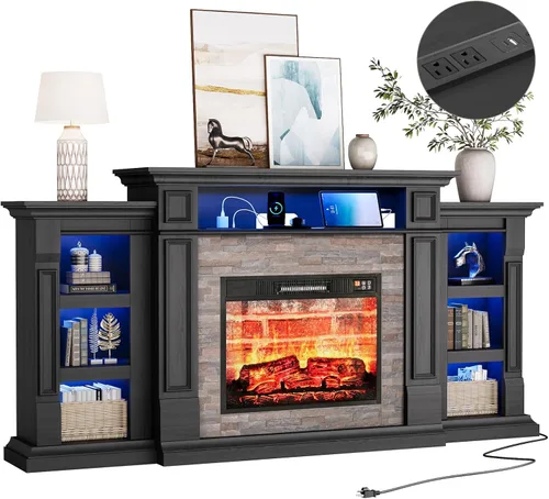 Miniatura 12 de Soporte de TV con chimenea de 72 pulgadas con toma de corriente y LED, chimenea eléctrica con repisa, centro de entretenimiento con almacenamiento