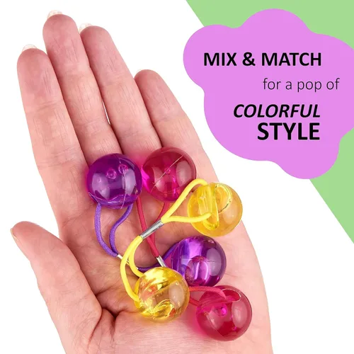 Miniatura 4 de Paquete de 24 piezas de coletas grandes redondas con bolas para cola de caballo, elásticos para el cabello con cuentas dobles, multicolor brillante