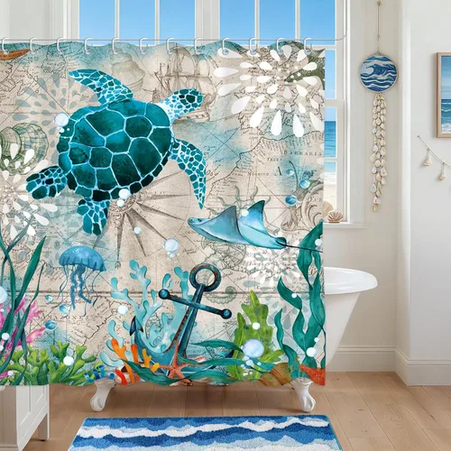Moutina Cortina de ducha náutica de tortuga marina, decoración de baño con temática oceánica, juego de cortina de ducha costera de playa, 72 x 72