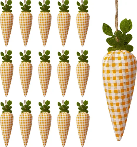 16 adornos colgantes de zanahoria de Pascua, patrón de estampado a cuadros, mini zanahoria artificial, adornos colgantes para fiesta de Pascua,