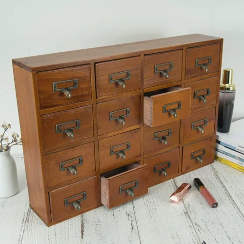 Miniatura 4 de Clóset de boticario con 16 cajones, con mesa, cofres y gabinetes de boticario de sobremesa, gabinete para catálogo de tarjetas de biblioteca, caja
