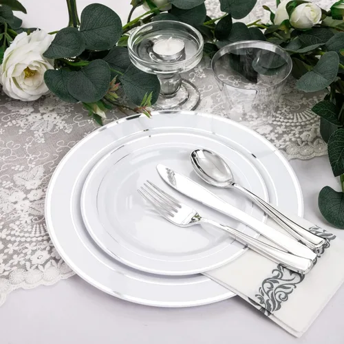 Miniatura 2 de BUCLA 350 platos de plástico plateado con cubiertos y servilletas de plástico desechables. Vajilla de plástico con borde plateado que incluye 50