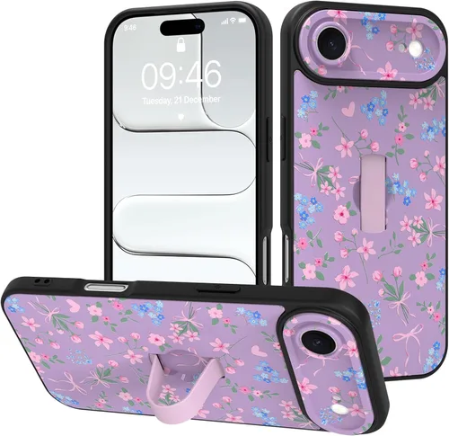 Miniatura 110 de Funda diseñada para iPhone 17 Pro Max con soporte plegable y correa para dedos, bonito patrón de lazo de corazón de flor rosa para mujeres y niñas