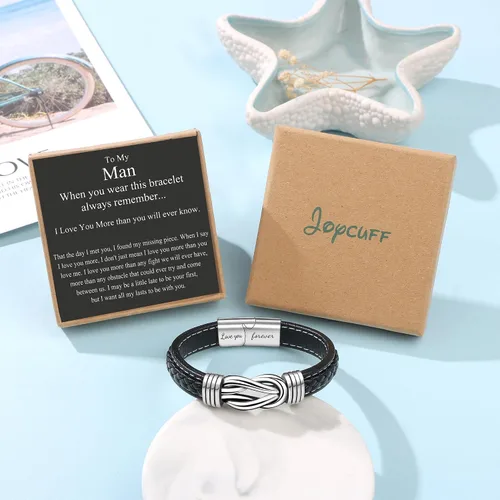 Miniatura 7 de Pulsera de nudo de hombre para regalo, cuero trenzado color marrón, del infinito, de acero inoxidable, con la frase Love You Forever, para hijos