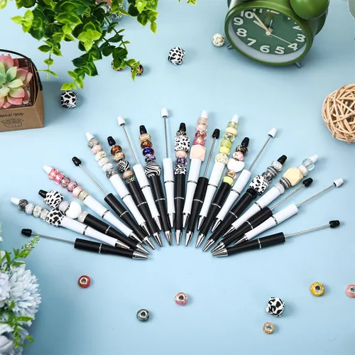 Miniatura 6 de Kosiz - 60 unidades de bolígrafos de plástico con cuentas, bolígrafos de bola de tinta negra para niños, estudiantes, regalos, suministros de Blanco