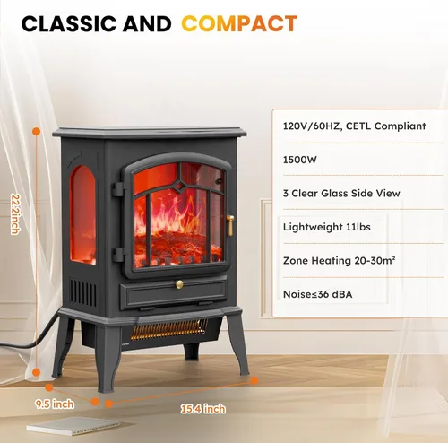 Miniatura 5 de VEXON Calentador eléctrico de chimenea, chimenea eléctrica de cuarzo infrarrojo de 1000 W/1500 W, calentador de estufa independiente de 22 pulgadas
