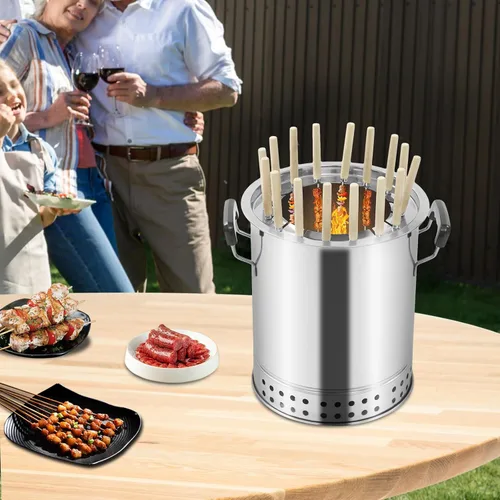 Miniatura 8 de Barbacoa sin humo, parrilla de barril de carbón envolvente de acero inoxidable, parrilla de carbón portátil con 30 pinchos y accesorios de parrilla