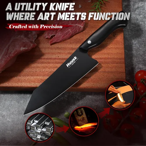 Miniatura 2 de Huusk Cuchillo de chef japonés para cocina, cuchillo Kirisuke de 7 pulgadas con revestimiento de titanio negro, cuchillos de cocina de acero