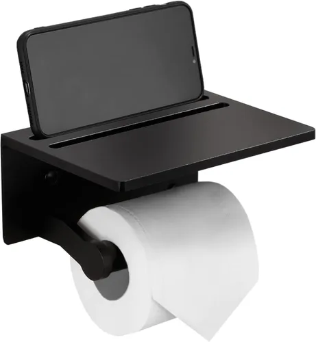 Portarrollos de papel higiénico con estante, aluminio negro resistente a la oxidación con estante de almacenamiento para teléfono móvil para baño,