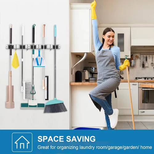 Miniatura 7 de IMILLET Paquete de 2 Soportes para Escobas y Fregonas con Montaje en Pared, Soporte para Escoba y Fregona de Acero Inoxidable, Autoadhesivo, Ganchos