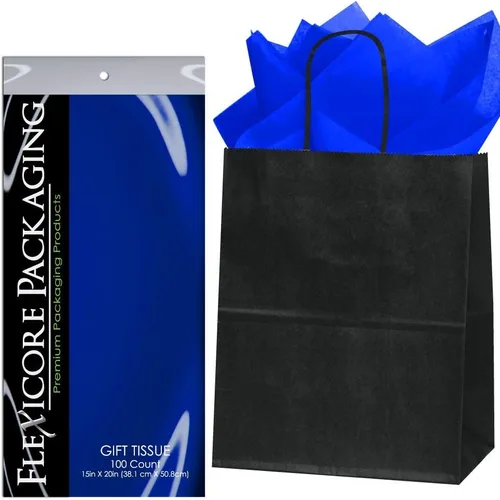 Flexicore Packaging® Bolsas de regalo de papel kraft negro de 8 x 4.75 x 10.25 pulgadas + papel de seda de regalo (azul rey, 5 bolsas)