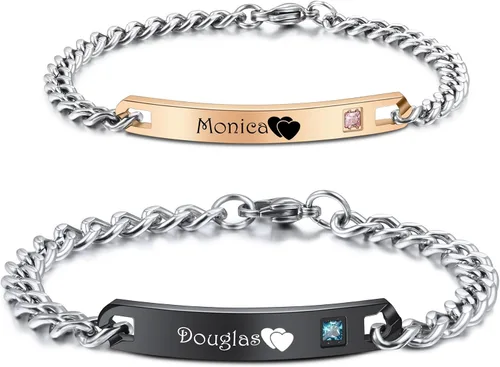 Miniatura 12 de MeMeDIY Juego de pulseras personalizadas para parejas, grabado personalizado con nombre/fecha para hombres, mujeres, novio, novia, acero inoxidable