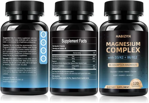 Miniatura 7 de Paquete de 2 suplementos de complejo de magnesio de 600 mg con cápsulas de alta absorción con vitaminas D3 K2 MK7 y B con glicinato, citrato
