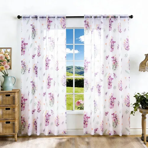 Miniatura 26 de youleyar Cortinas traslúcidas florales para sala de estar, 2 paneles de 54 pulgadas de largo, cortinas semitransparentes blancas con estampado