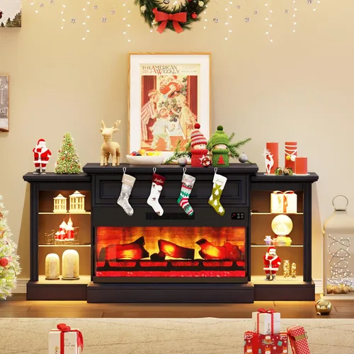 AMERLIFE - Chimenea eléctrica de 60" con repisa, soporte de TV de chimenea de tres lados estilo granja para televisores de hasta 65 pulgadas, centro
