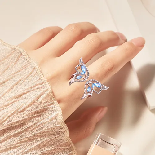 Miniatura 2 de DAOCHONG Anillos de mariposa con circonita cúbica azul y plata de ley 925 para mujeres y niñas, Plata, Zirconia cúbica
