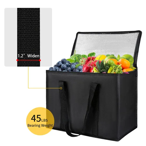 Miniatura 6 de Bolsas de comestibles reutilizables aisladas, 16 pulgadas de ancho x 13 pulgadas de alto x 9 pulgadas de profundidad, bolsa de mano XL para Negro