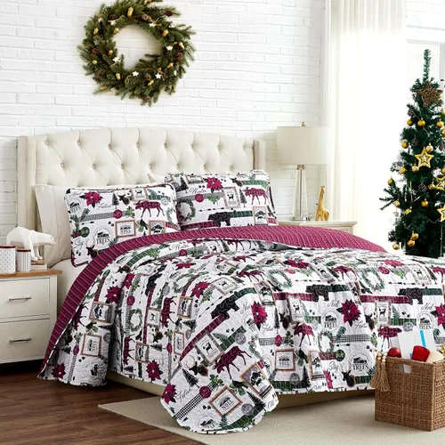Miniatura 15 de Southshore Fine Living Edredón de Navidad Twin XL Juego de Ropa de Cama, Colcha de Navidad Reversible Estilo Farmhouse, Sobrecama Twin XL - Cuadros