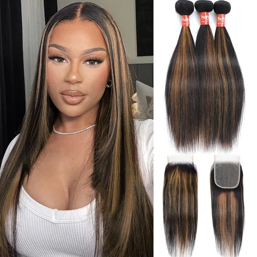 Miniatura 13 de Extensiones de cabello humano marrón con reflejos de Haha con cierre, extensiones lisas con cierre ombre, extensiones de cabello humano con cierre