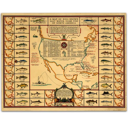 1935 Juego de agua salada Fish of North America Map - Impresión sin marco de 11 x 14 - Gran decoración vintage y regalo para pescadores de menos de