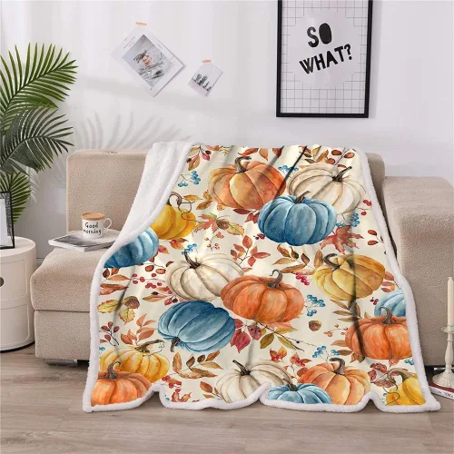 Miniatura 2 de Manta de calabazas de otoño, naranja, blanco, azul, calabazas, hojas y bayas, suave y cálida para sala de estar, sofá, cama, silla o dormitorio, 40
