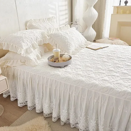 Miniatura 4 de Colcha acolchada de algodón brocado con patrón de flores, falda de cama con volantes, tamaño Queen, beige