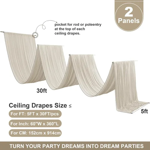 Miniatura 6 de 2 paneles de cortinas de techo beige de 5 x 30 pies para fiestas de boda – 30 pies extra largas de poliéster grueso sin arrugas, decoración