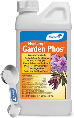 Monterey Garden Phos incluido con cuchara medidora, fungicida para pudrición de la raíz, mildiú velloso, tizón de fuego, muerte repentina del roble,