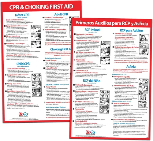 ZOCO - Carteles de primeros auxilios de RCP y asfixia (paquete de 2, inglés y español) - Carteles laminados de cumplimiento de 12 x 18 pulgadas -