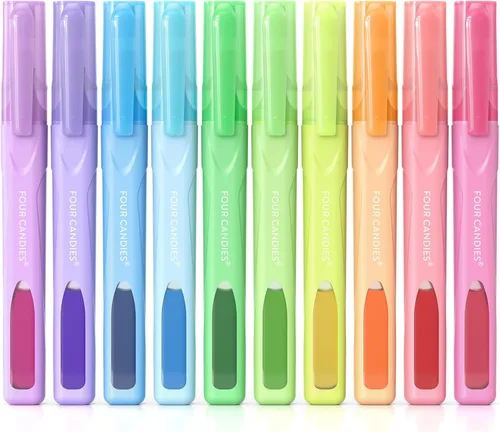 Four Candies Resaltadores de colores surtidos, resaltador líquido con diseño de visión clara, punta de cincel suave, colores clásicos, 10 unidades,