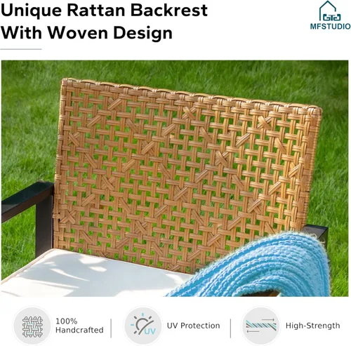 Miniatura 3 de MFSTUDIO Juego de 4 muebles de patio al aire libre, sofá pequeño de ratán marrón con mesa y sillas de madera de acacia, juego de muebles de sofá