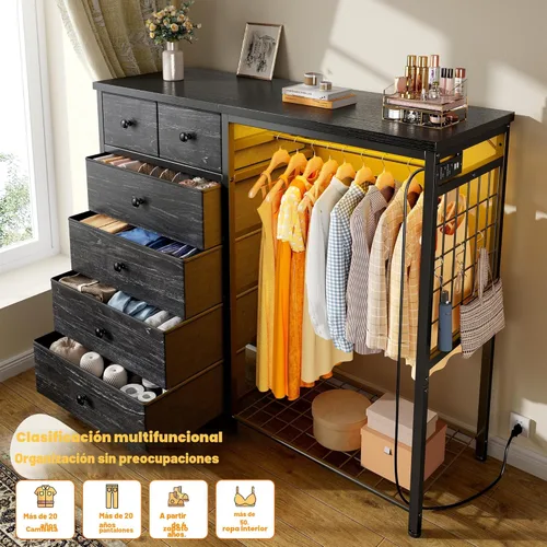 Miniatura 3 de EnHomee Cómoda de 49.2" de ancho para dormitorio con perchero colgante, 6 cajones, cómoda con luces LED y estación de carga, aparadores de tela