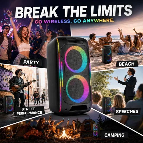 Miniatura 8 de Altavoz Bluetooth para fiestas, potente sonido estéreo de 180 W, graves profundos, altavoz inalámbrico portátil con modos de sonido EQ, luces LED