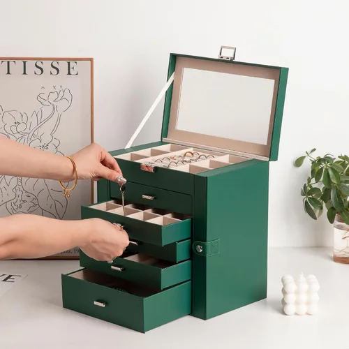 Miniatura 3 de Frebeauty Joyero grande, organizador de joyas de piel sintética de 6 niveles con cerradura, estuche de almacenamiento multifuncional con espejo