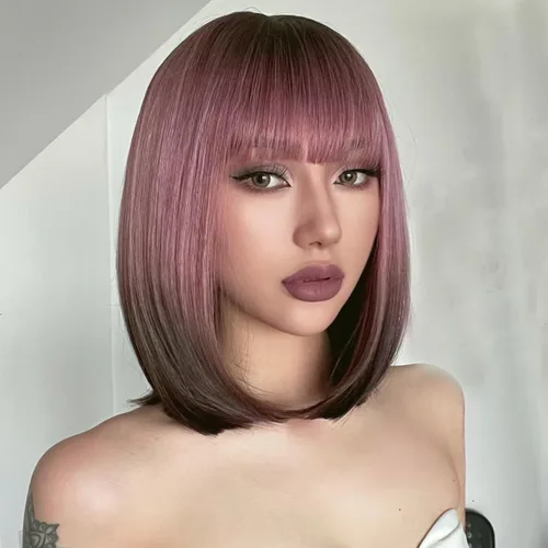 Miniatura 2 de AISI BEAUTY Peluca de cabello sintético lacio y corto con flequillo, color rosa ceniza, de 12 pulgadas, para niñas, cosplay, fiesta Rosa ceniza a