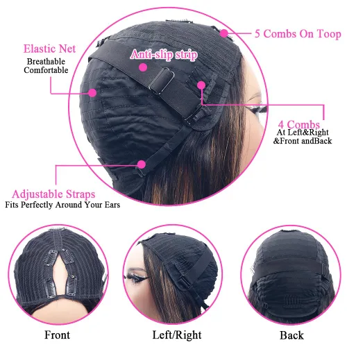 Miniatura 4 de Pelucas Ombre con Reflejos Parte en V Cabello Humano Liso Pelucas de Cabello Humano Brasileño Pelucas Parte en U Mejoradas Densidad 180% Media
