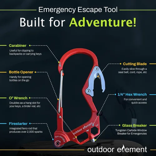 Miniatura 3 de OUTDOOR ELEMENT Herramienta de escape de emergencia, cortador de cinturón de seguridad, rompecristales, herramienta multiusos, encendedor, mosquetón
