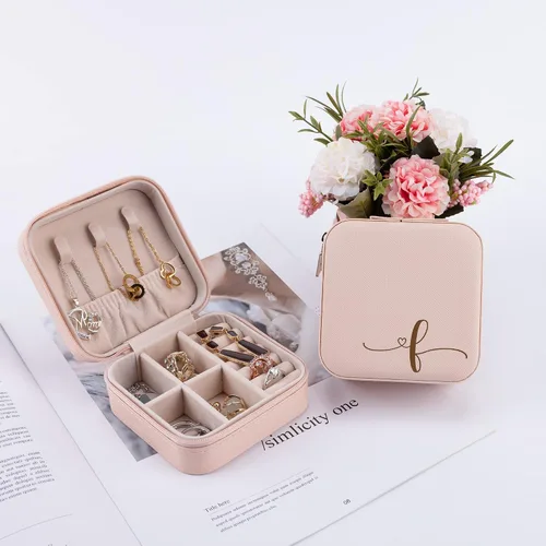 Miniatura 2 de Joyero con iniciales letra F, regalo para mujeres y niñas, organizador de joyas de viaje, estuche de almacenamiento para aretes, anillos, collares
