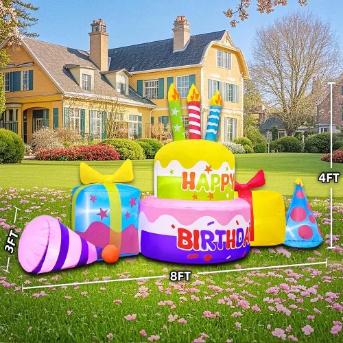 Miniatura 5 de Decoración inflable de pastel de cumpleaños feliz de 8 pies con velas, decoraciones inflables para patio exterior, luces LED integradas para fiestas