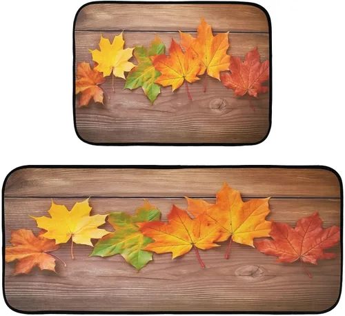 Kitchen Rugs 2 Piece Waterproof Non Slip Kitchen Mat Maple Leaves on Wood Kitchen Rug Set for Sink Office Kitchen Cafe, 19.7"x47.2"+19.7"x27.6"