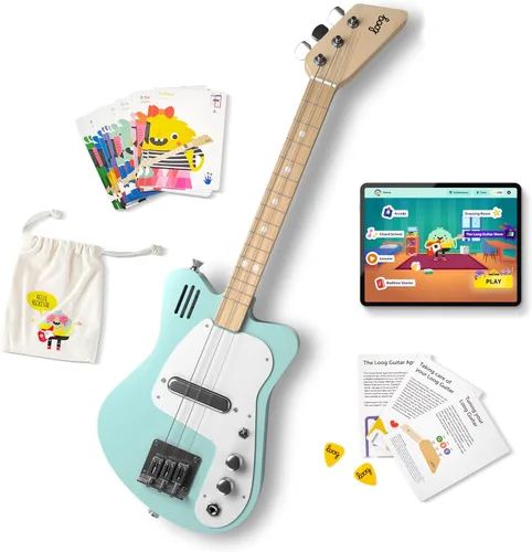 Loog - Guitarra eléctrica mini para niños principiantes con amplificador incorporado, a partir de 3 años, aplicación de aprendizaje y lecciones Verde