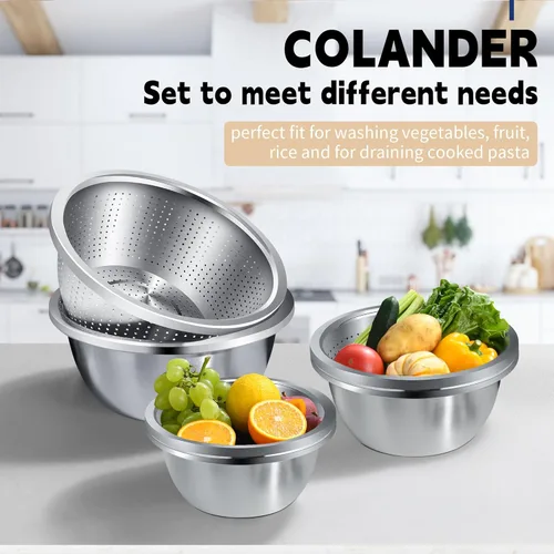 Miniatura 3 de Colador de acero inoxidable 304 de 3 cuartos con tazones para mezclar, colador para alimentos de cocina para lavar verduras, frutas, arroz, apto