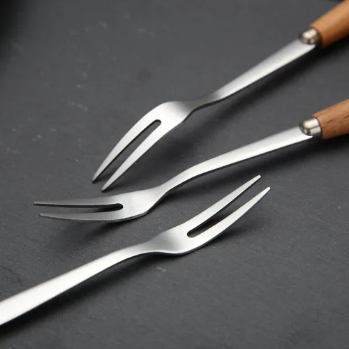 Miniatura 3 de 6 tenedores de acero inoxidable con mango de madera y dos puntas, horquillas para pastel de frutas
