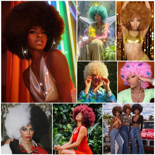 Miniatura 9 de Pelucas afro de los años 70 para mujeres negras, sin pegamento, peluca rizada afro soplada, resistente al calor, pelucas sintéticas para uso diario