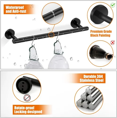 Miniatura 5 de Tudoccy Juego de 5 piezas de accesorios de baño de acero inoxidable SUS304 redondo montado en la pared, incluye barra de toalla de mano de 24 Negro