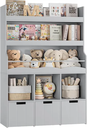 Miniatura 7 de HITHOS Estantería infantil de 55.3 pulgadas de alto con organizador de almacenamiento de juguetes, estante alto para libros con 3 contenedores Verde
